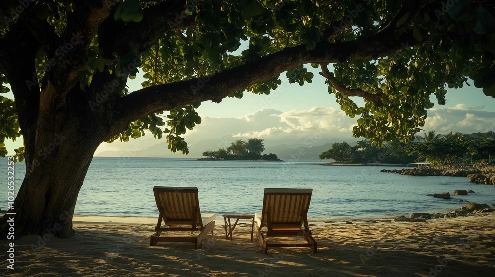 A serene beach scene features two wooden lounge chairs on the white sand, a palm tree, a beach ball, and a clear blue sky with scattered clouds, creating a tranquil and inviting atmosphere A serene beach scene features two wooden lounge chairs on the white sand, a palm tree, a beach ball, and a clear blue sky with scattered clouds, creating a tranquil and inviting atmosphere