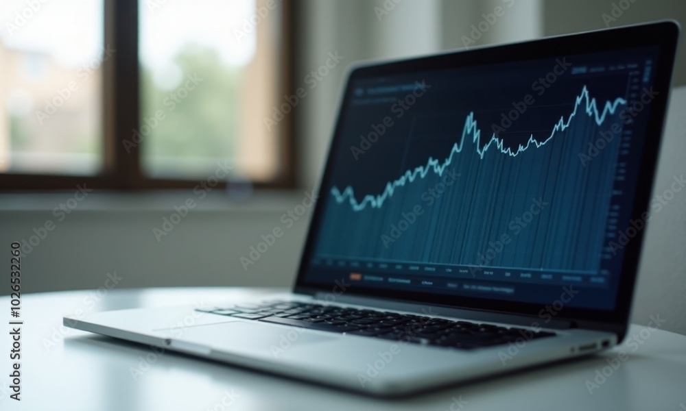 Digital analytics display on a laptop with statistical charts. Digital analytics display on a laptop with statistical charts.