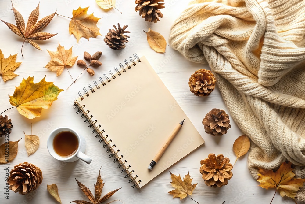 Obraz premium Autumn-inspired flat lay featuring a cozy notebook, delicate pine cone, and rustic dried branches, creating a warm seasonal aesthetic perfect for