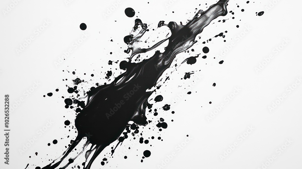 Black ink splattered and splashed across a white background, creating a dynamic and abstract design. Black ink splattered and splashed across a white background, creating a dynamic and abstract design.