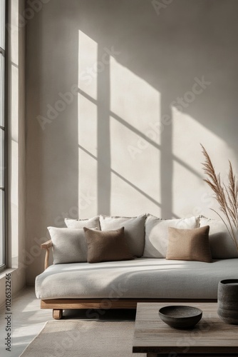 Cozy living room with neutral tones, rustic decor, and natural elements under...