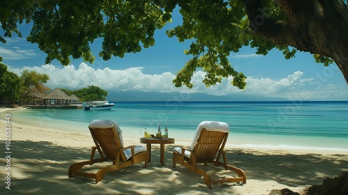 Two lounge chairs sitting beach next tree trapped hedonic treadmill dressed white robes jamaican vibe during table imagining blissful fate gorgeous view cottage shaded perfect
 photo