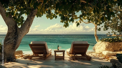 Two lounge chairs sitting beach next tree trapped hedonic treadmill dressed white robes jamaican vibe during table imagining blissful fate gorgeous view cottage shaded perfect
 photo