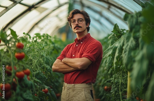 Young man tending to tomato plants in a greenhouse during the golden hour