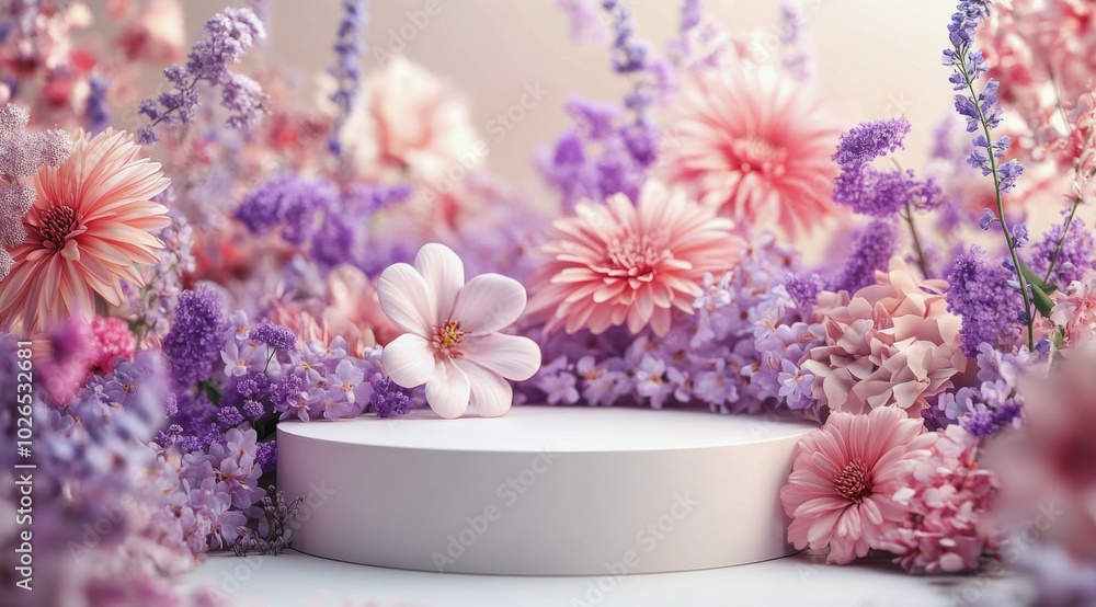 A serene floral display featuring pink blossoms surrounding a circular platform during springtime A serene floral display featuring pink blossoms surrounding a circular platform during springtime