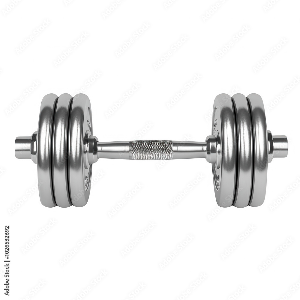 Silver dumbbell with adjustable weights on white isolated background. Silver dumbbell with adjustable weights on white isolated background.