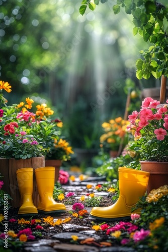 A vibrant garden path with yellow boots among blooming flowers in a sunlit ev...