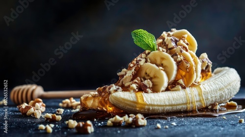 A halved banana filled with banana slices, topped with chopped walnuts, honey, and a sprig of mint, with honey drizzled over it, on a black surface with a honey dipper. photo