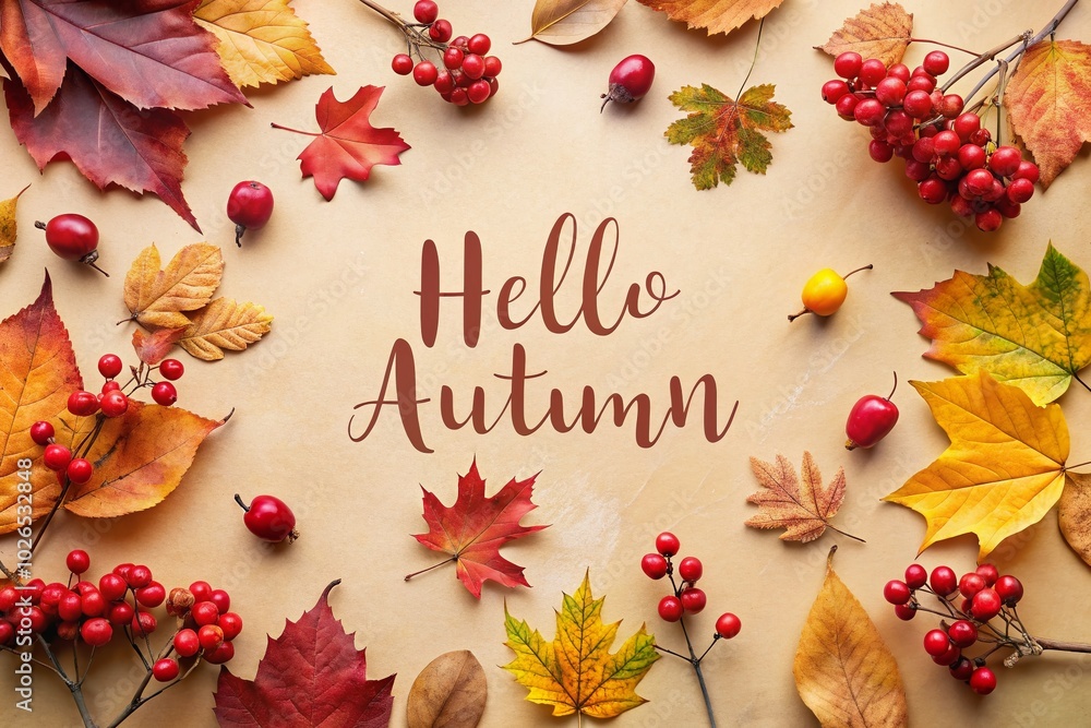 Fototapeta premium Autumn Leaves and Berries with Hello Autumn Text on Beige Background - Seasonal Decor