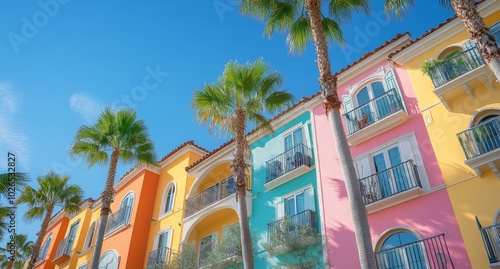 Vibrant buildings in colorful hues surrounded by palm trees on a sunny day