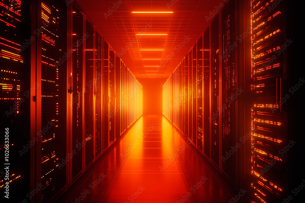 Fototapeta premium AI-powered server room with endless rows of glowing data centers, digital cables, and circuits, the ambiance of a highly secure tech facility