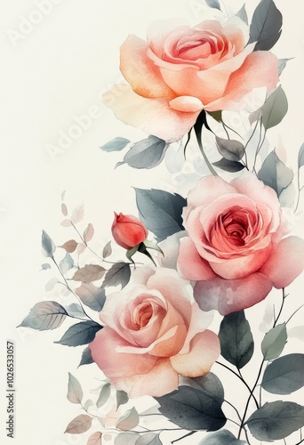Delicate pink roses intertwined with lush green leaves on a soft, pastel back...