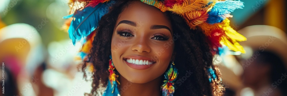 Colorful celebration of culture with a smiling woman in vibrant headdress at a festival Colorful celebration of culture with a smiling woman in vibrant headdress at a festival