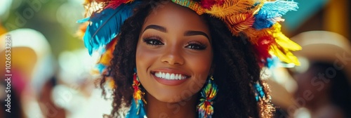Colorful celebration of culture with a smiling woman in vibrant headdress at ...