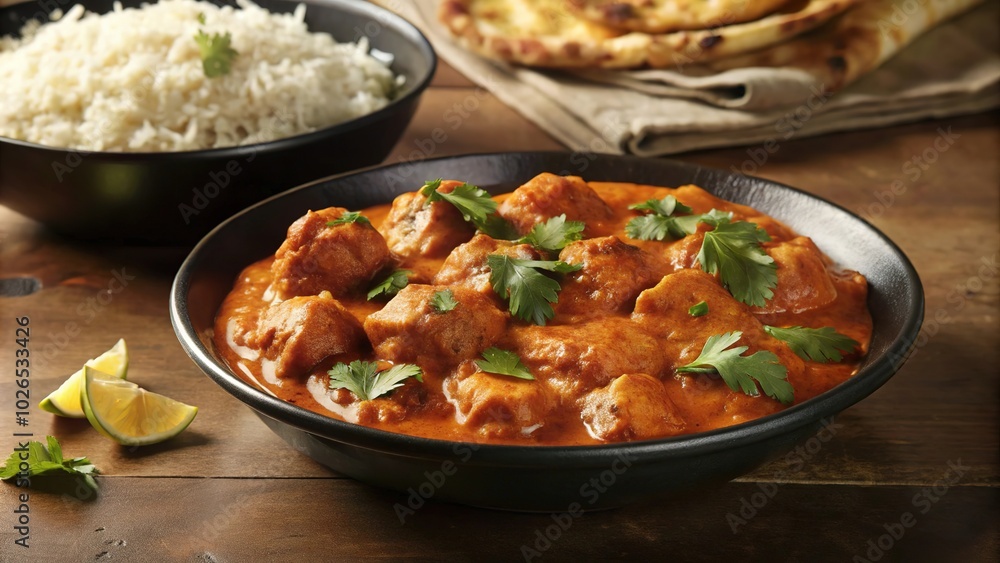 Savory chicken tikka masala served with fragrant basmati rice and fresh naan on a rustic wooden table Savory chicken tikka masala served with fragrant basmati rice and fresh naan on a rustic wooden table
