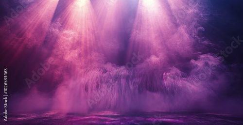 Colorful purple fog with beams of light illuminating a stage at a night event