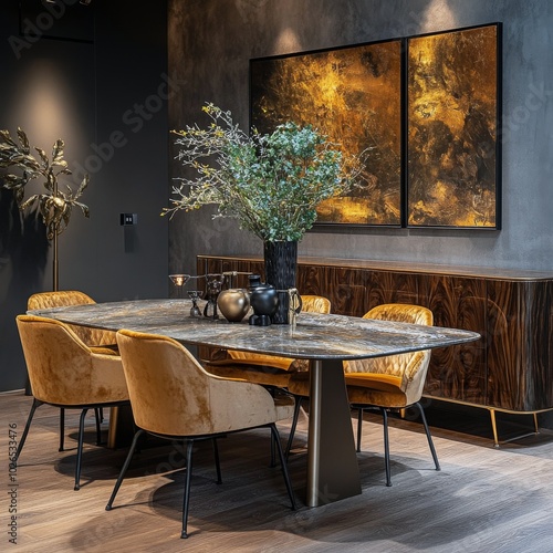 Elegant dining table setup in a modern interior with comfortable velvet chair...