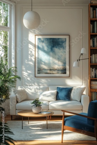 Cozy living room with white sofa and blue accents in modern interior design d...