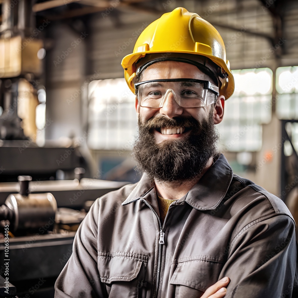 A bearded engineer wearing a yellow hard hat and safety glasses smiles confidently in a brightly lit, industrial workshop environment with machinery in the background. A bearded engineer wearing a yellow hard hat and safety glasses smiles confidently in a brightly lit, industrial workshop environment with machinery in the background.