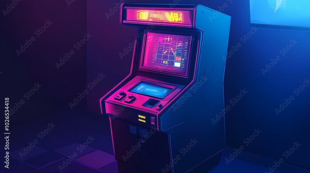 A retro arcade game cabinet lit in neon pink and blue light. A retro arcade game cabinet lit in neon pink and blue light.