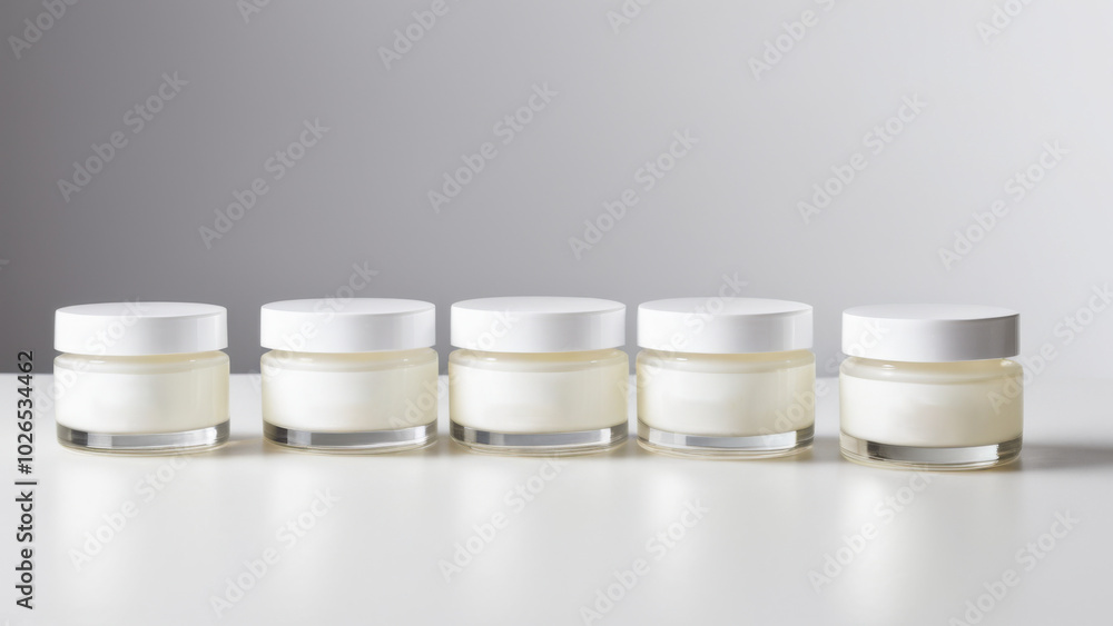 The image showcases small, elegant jars for eye gel on a smooth white surface. With subtle lighting, they embody sophistication, making them ideal for promoting high-quality skincare products. The image showcases small, elegant jars for eye gel on a smooth white surface. With subtle lighting, they embody sophistication, making them ideal for promoting high-quality skincare products.