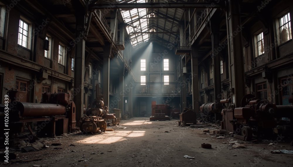 Obraz premium A deserted factory hall filled with rusted machinery and broken windows in an industrial ruin