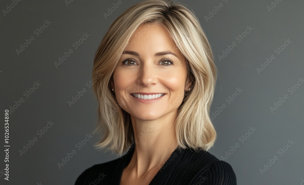 A woman with shoulder length blonde hair smiling softly in a minimalist indoor space during the day A woman with shoulder length blonde hair smiling softly in a minimalist indoor space during the day