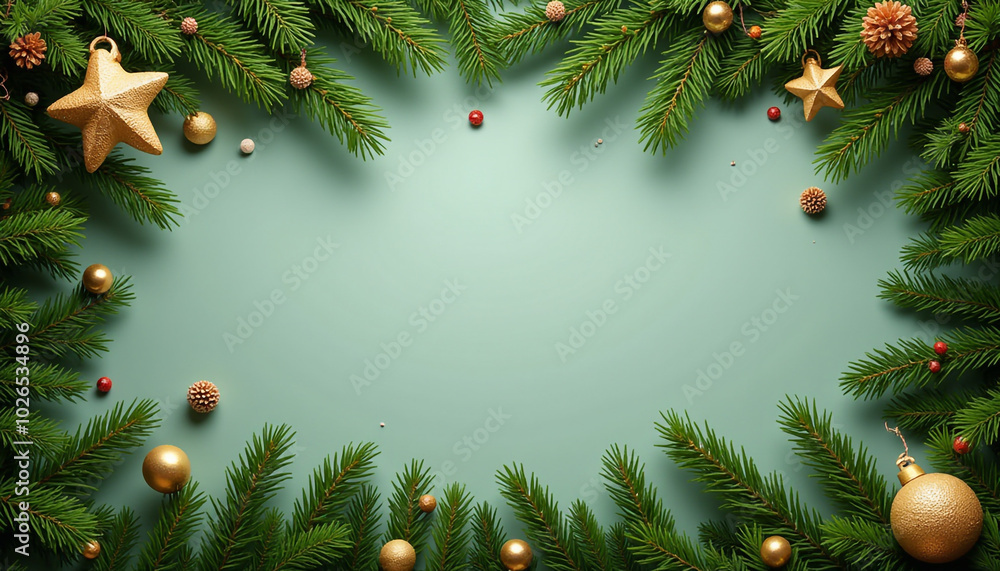 An elegant Christmas-themed background featuring fresh fir branches and sparkling golden baubles creates a festive atmosphere An elegant Christmas-themed background featuring fresh fir branches and sparkling golden baubles creates a festive atmosphere