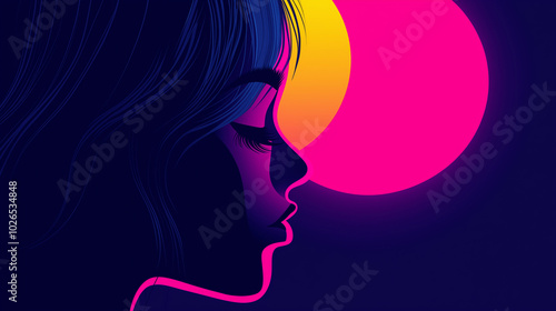 Woman in profile with neon colors in retro comic art style