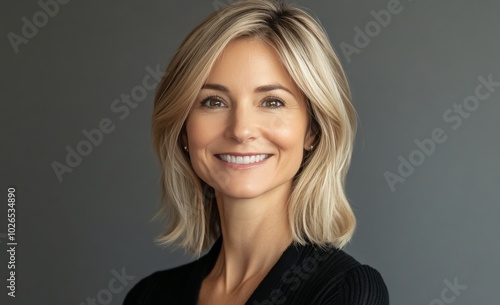 A woman with shoulder length blonde hair smiling softly in a minimalist indoo...