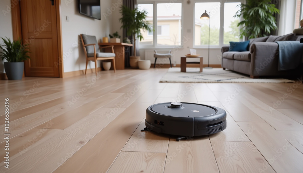 A robot vacuum glides across a clean wooden floor, automating the task of household cleaning A robot vacuum glides across a clean wooden floor, automating the task of household cleaning