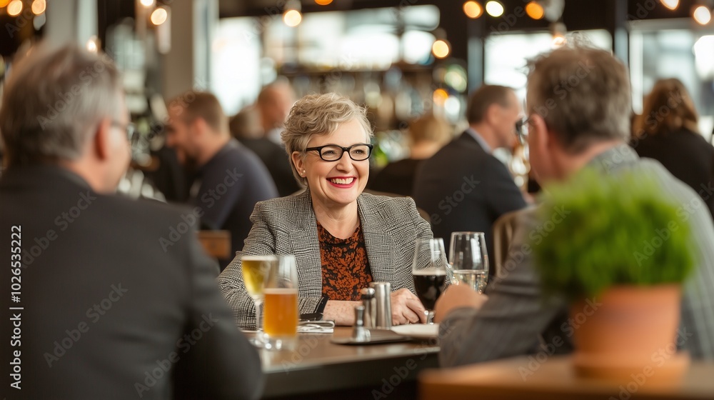 A cheerful woman enjoys a lively dinner with friends at a modern restaurant, surrounded by warm lighting and great conversation. A cheerful woman enjoys a lively dinner with friends at a modern restaurant, surrounded by warm lighting and great conversation.