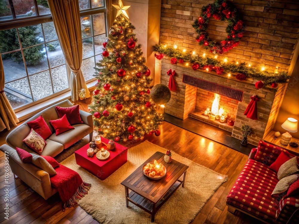 A vibrant red Christmas tree adorned with twinkling lights and ornaments brings warmth to a cozy living room, crafting a perfect festive atmosphere A vibrant red Christmas tree adorned with twinkling lights and ornaments brings warmth to a cozy living room, crafting a perfect festive atmosphere