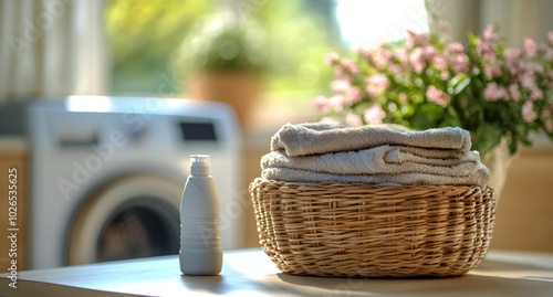 A cozy laundry room with neatly stacked towels and a bottle of detergent on a...