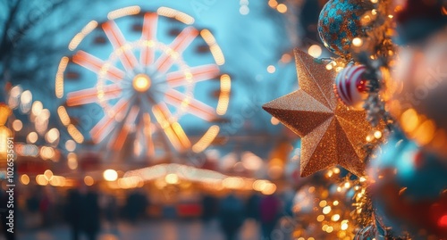 Brightly lit Ferris wheel and carousel create a festive atmosphere at evening...