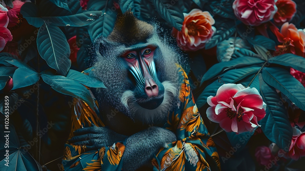 Fototapeta premium Anthropomorphic mandrill floral jungle mood