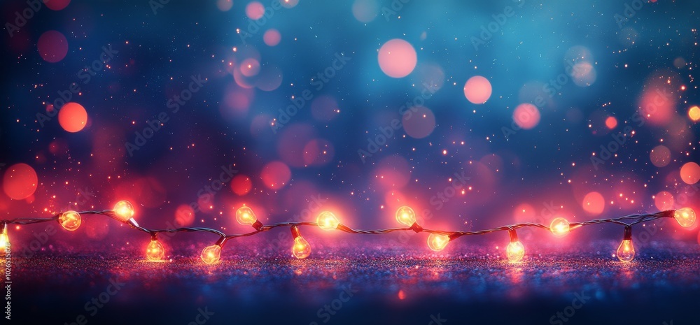 Fototapeta premium Decorative string lights illuminate a vibrant, colorful backdrop during a festive evening
