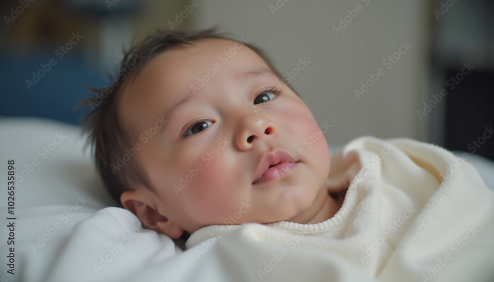 A small baby relaxes, head on arms, staring forward with a sweet and inquisitive look A small baby relaxes, head on arms, staring forward with a sweet and inquisitive look
