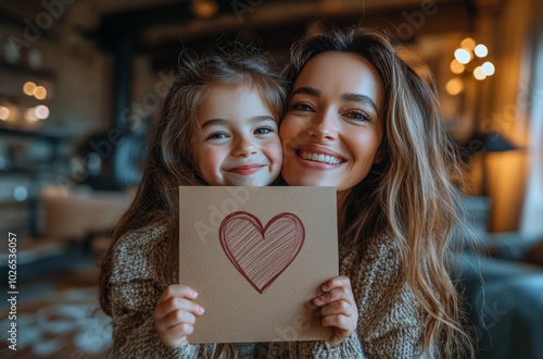 Mother and daughter share a joyful moment while holding a heartfelt drawing i...
