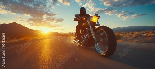 Rider cruising along an open road at sunset, enjoying the freedom of motorcyc...