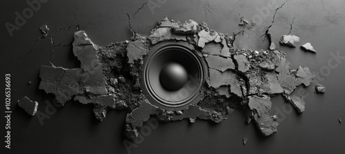 A cracked wall revealing a powerful speaker blending urban design and modern ...