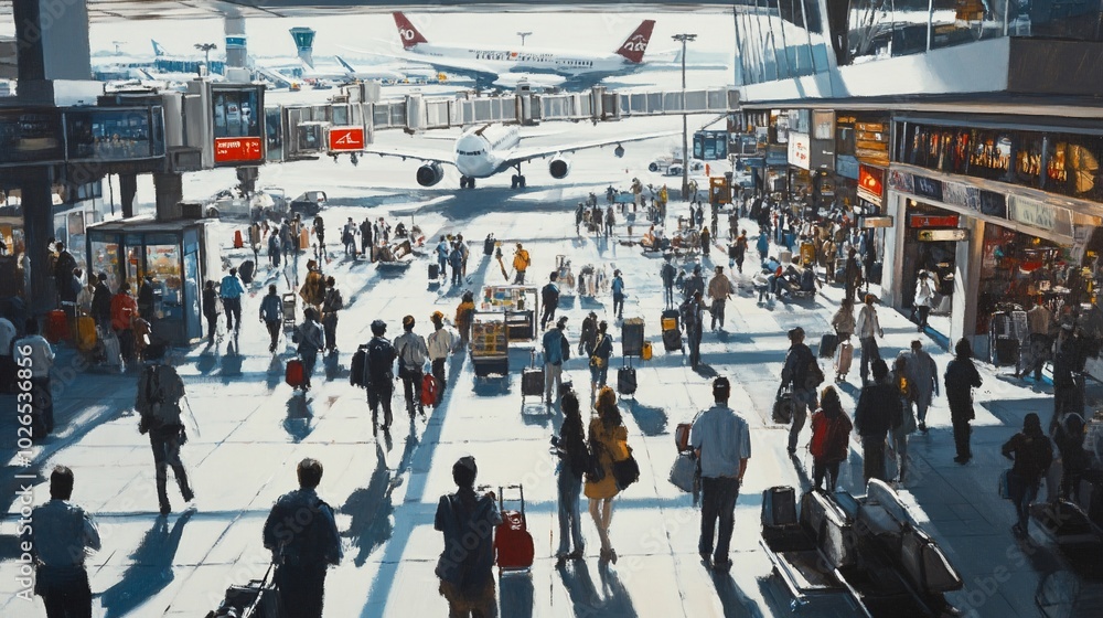 Obraz premium A bustling airport terminal with a plane in the background. People are walking around, some pulling luggage, some shopping.