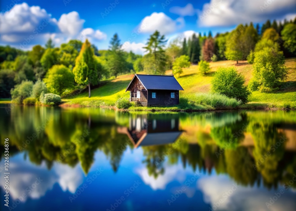 A whimsical black house nestled among vibrant greenery, captured in tilt-shift focus. Miniature scenes unfold, creating a dream-like atmosphere A whimsical black house nestled among vibrant greenery, captured in tilt-shift focus. Miniature scenes unfold, creating a dream-like atmosphere