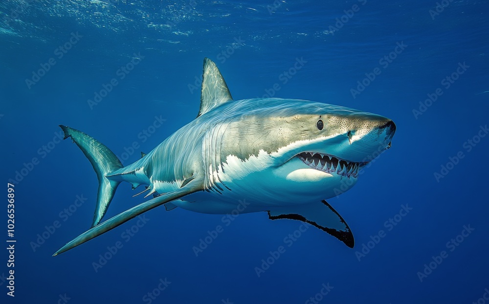 Fototapeta premium Great white shark gracefully swimming in clear ocean waters during daylight hours