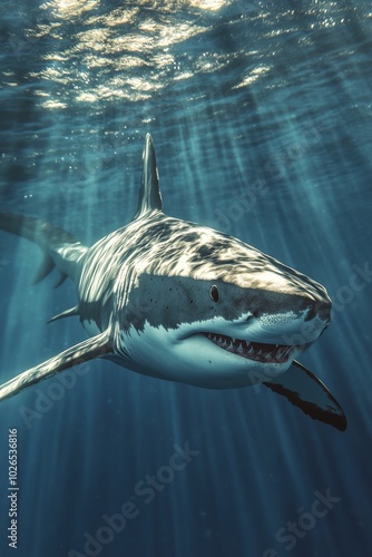 A great white shark swims gracefully in clear ocean water illuminated by sunl...