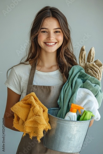 A smiling woman in an apron holding a bucket of cleaning supplies in a bright...