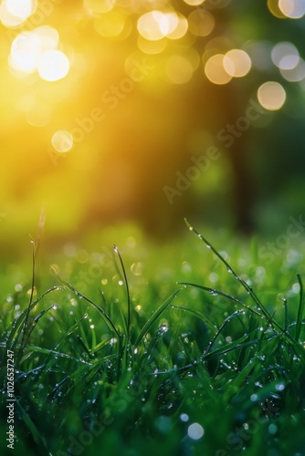 Sunlight through trees illuminates dew covered grass and white flowers in a s...