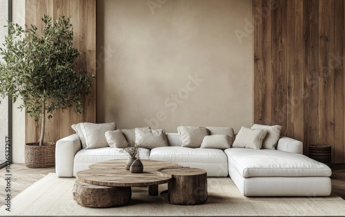 Modern living room featuring natural wood accents and minimalistic decor in s...