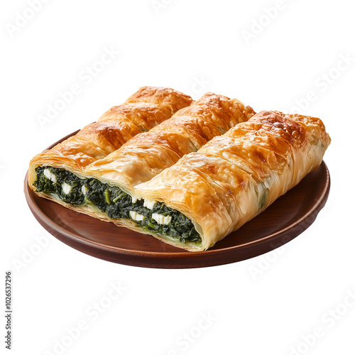 Authentic Turkish Borek Isolated on Transparent Background – Deliciously Flaky Pastry Filled with Spinach and Cheese, Great for Product Covers and Marketing Campaigns Highlighting Culinary Delights.