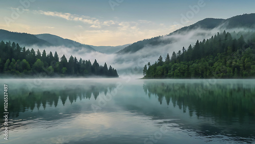 Morning fog in dense tropical rainforest road in green forest